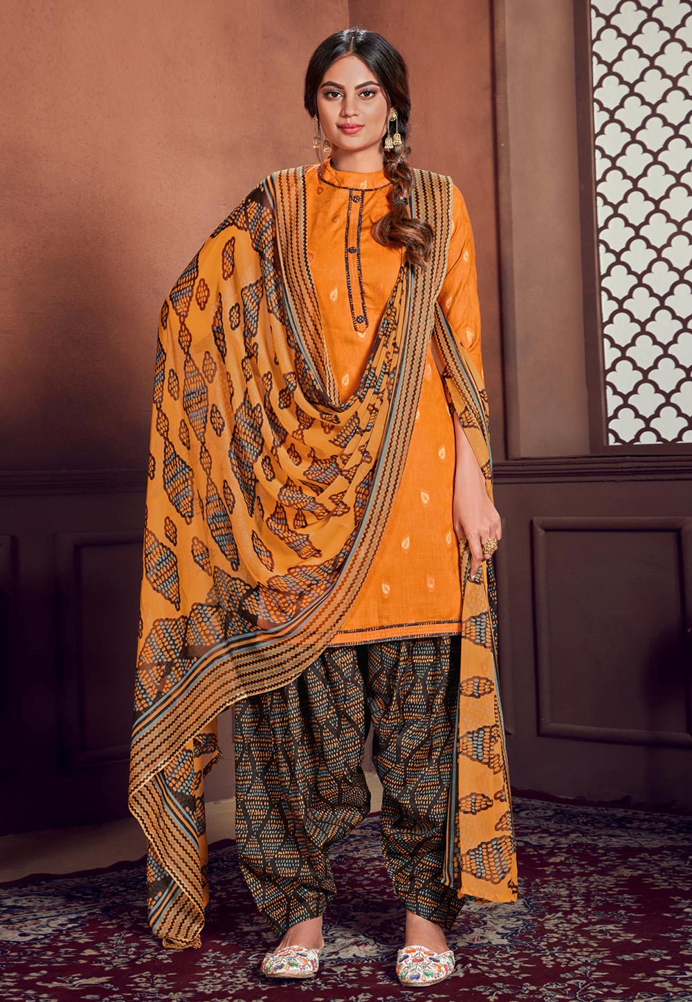 Orange Jacquard Punjabi Suit 203770