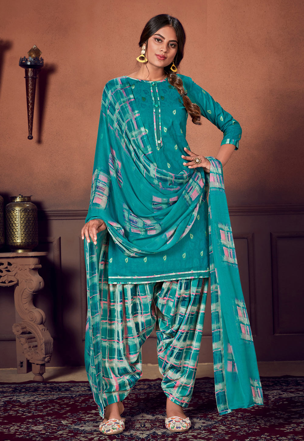 Turquoise Jacquard Punjabi Suit 203776