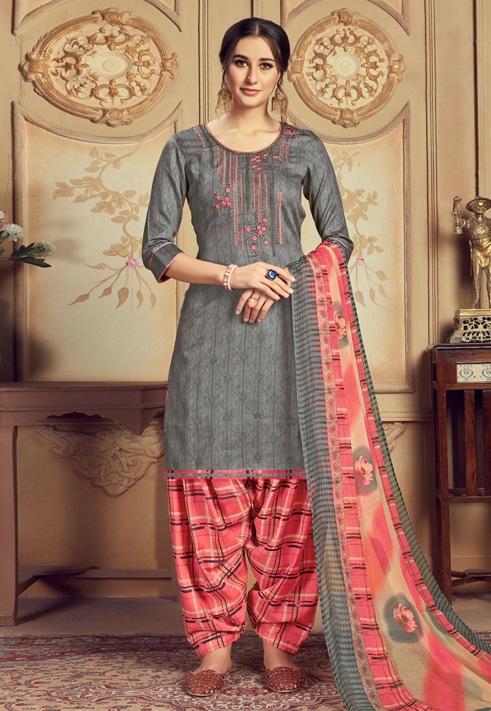 Grey Cotton Patiala Suit 208028