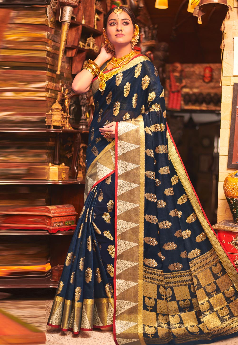 Navy Blue Cotton Saree With Blouse 216003