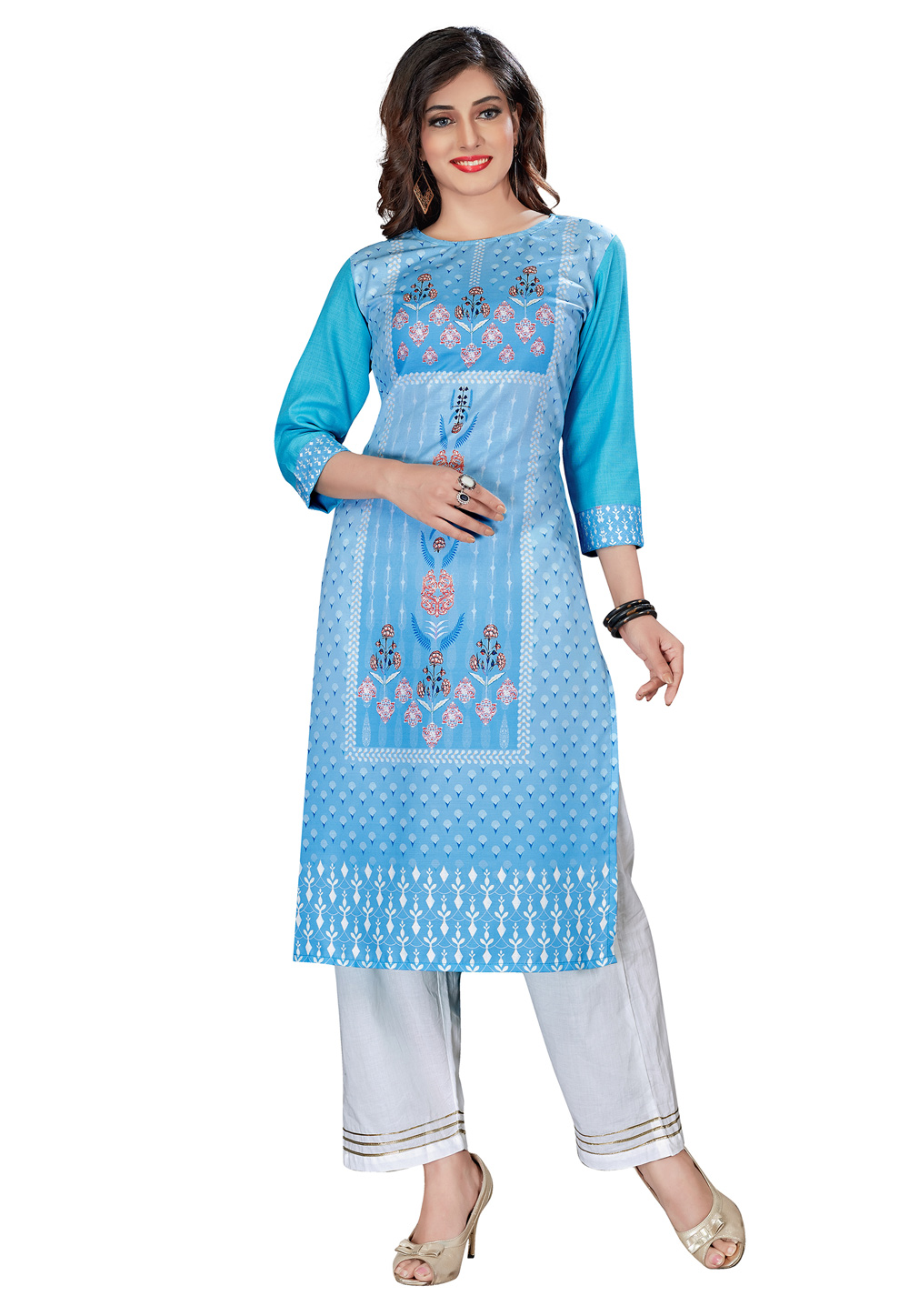 Sky Blue Rayon Readymade Kurta Set With Palazzo 212814