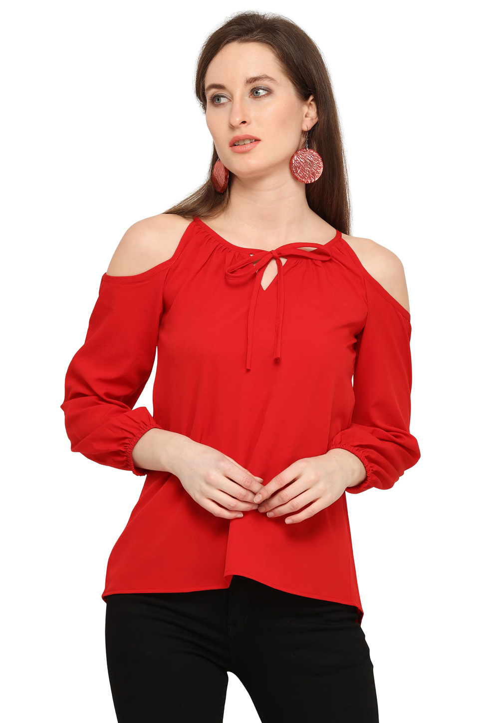 Red Crepe Readymade Western Tops 212514