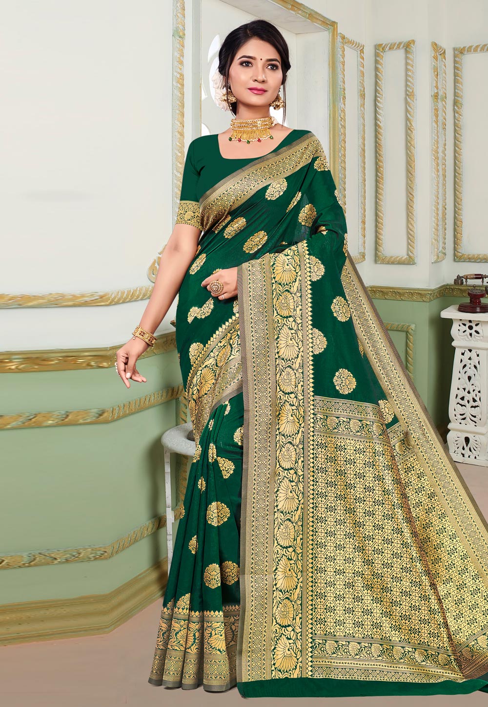 Green Jacquard Silk Saree With Blouse 218321