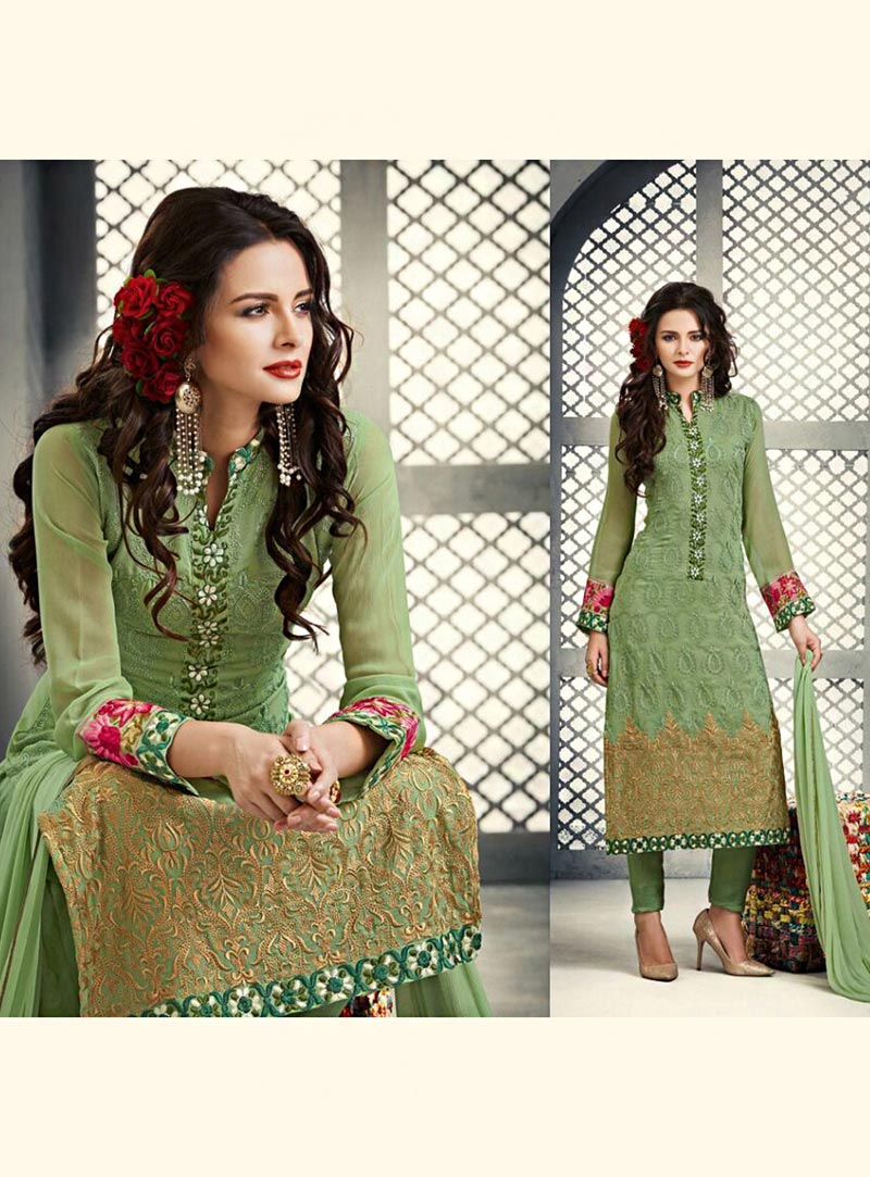 Green Georgette Pant Style Suit 73128