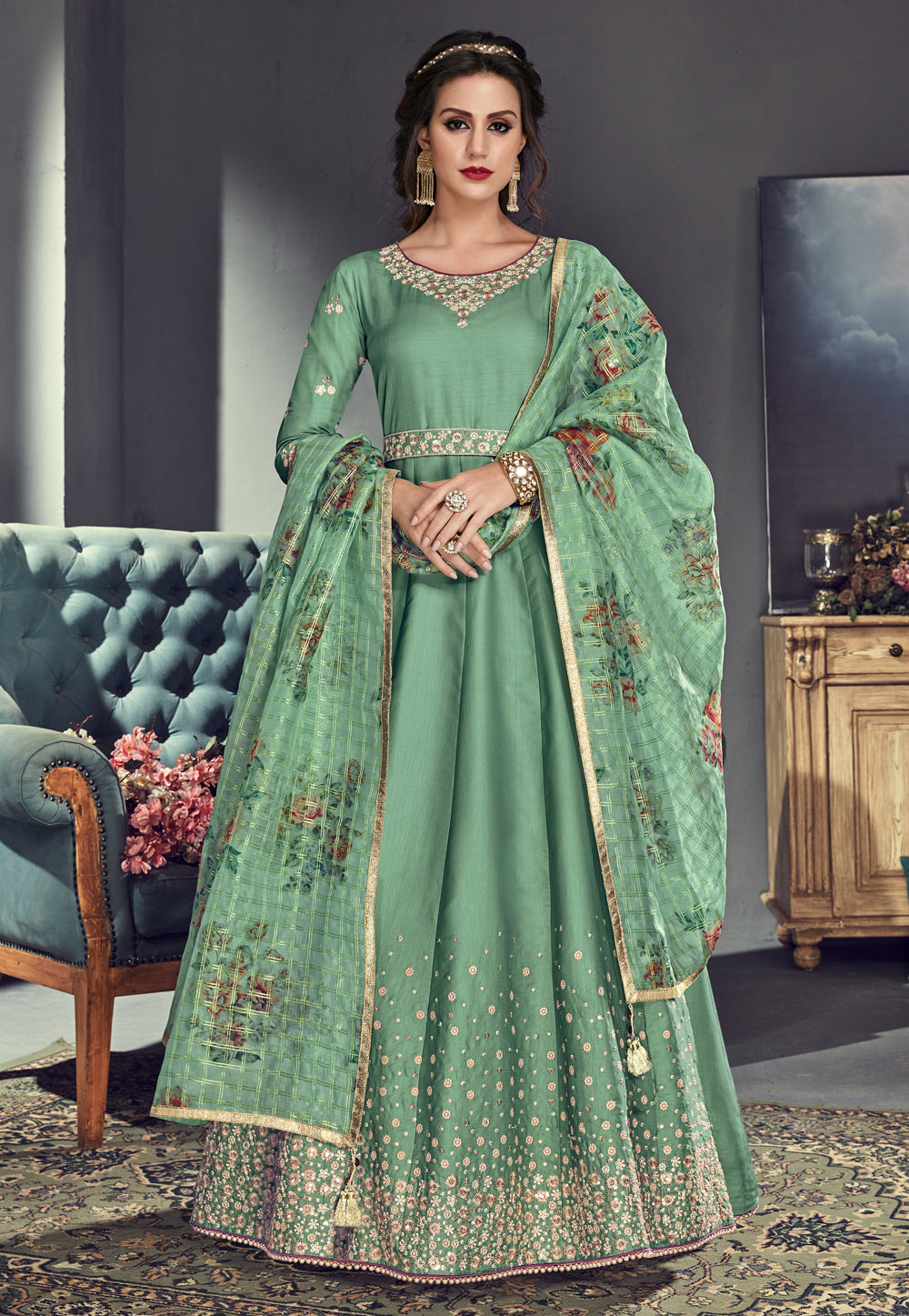 Sea Green Tussar Silk Ankle Length Anarkali Suit 160727