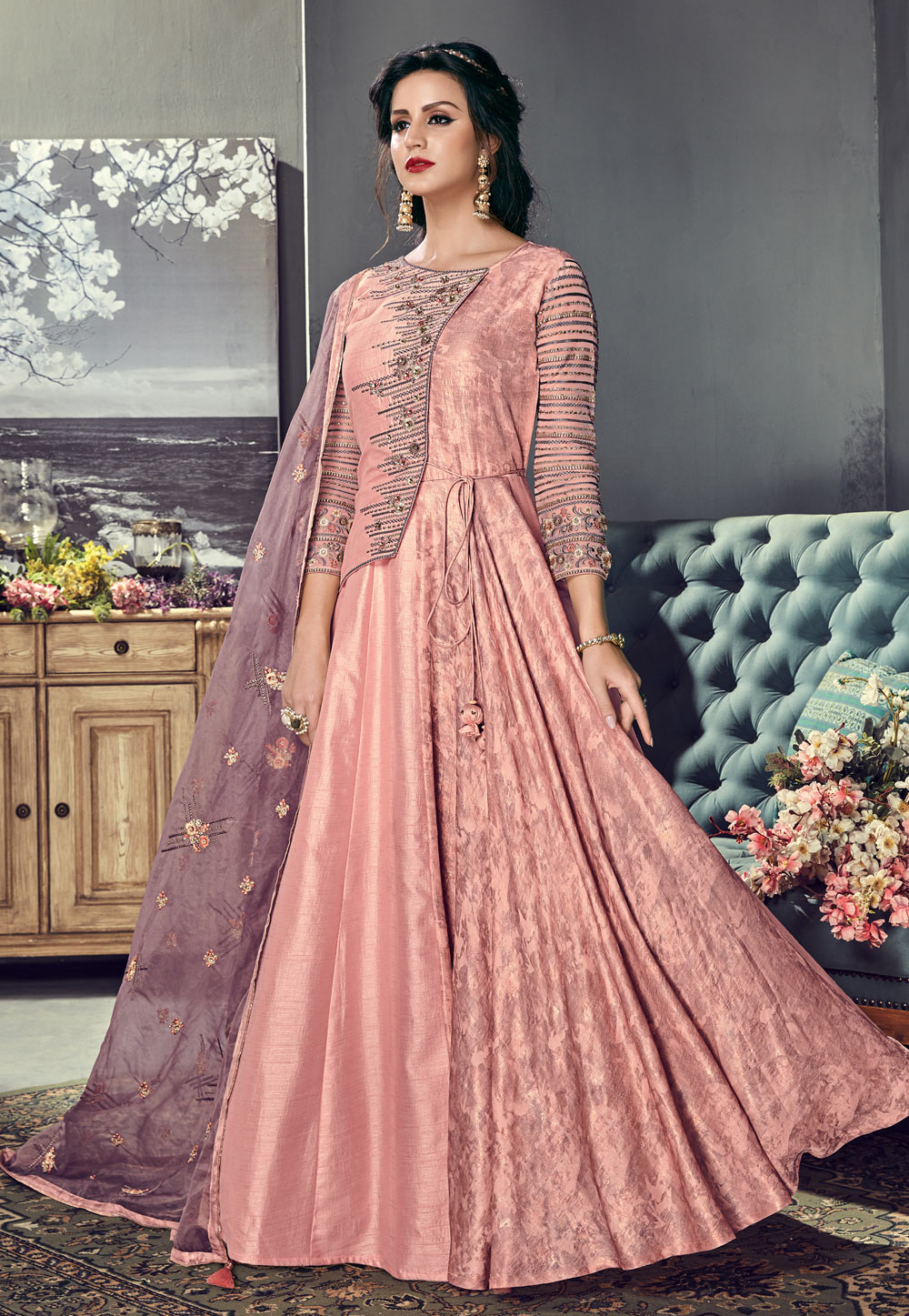 Light Pink Silk Embroidered Long Anarkali Suit 160729