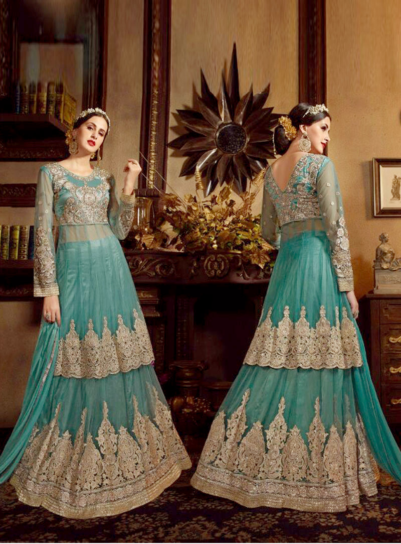 Light Teal Net Palazzo Style Suit 81319