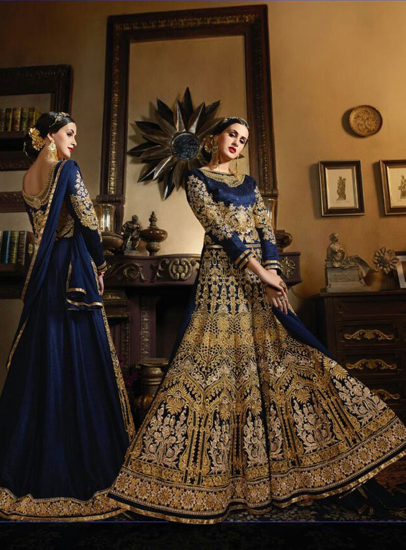 Navy Blue Banarasi Silk Floor Length Anarkali Suit 81321