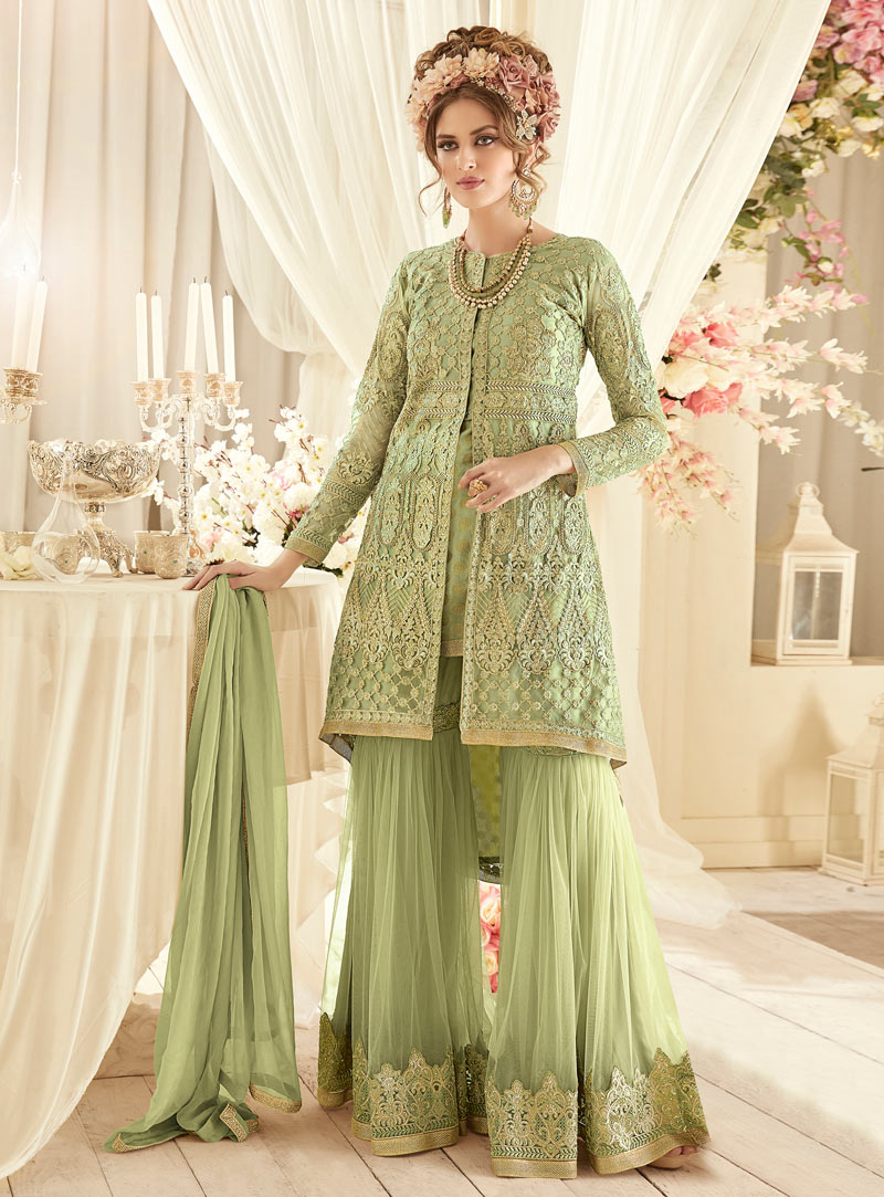 Light Green Net Sharara Style Suit 91010