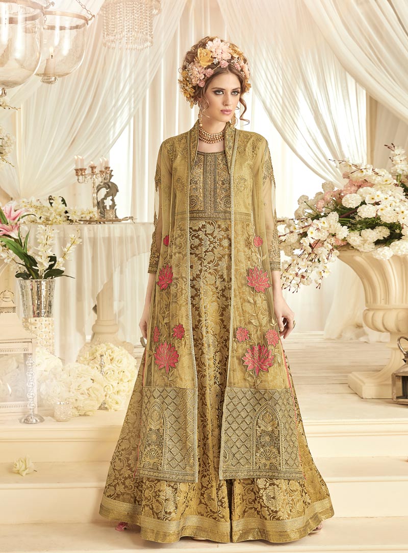 Golden Net Long Anarkali Suit With Jacket 91015