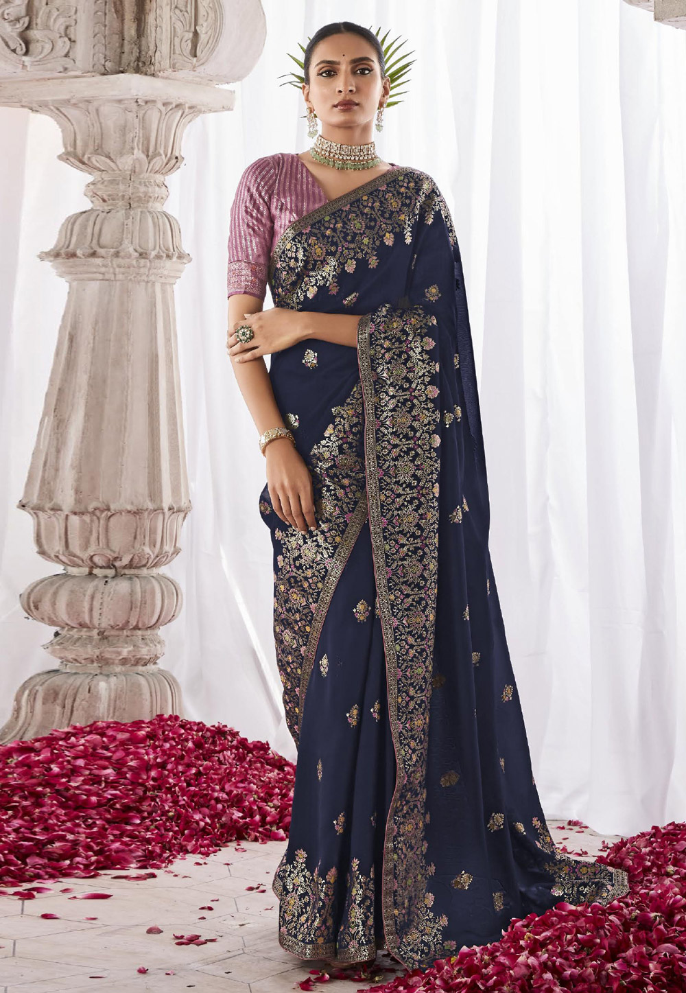 Navy Blue Silk Saree With Blouse 275921