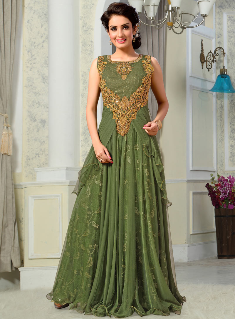 Moss Green Net Designer Gown 56123