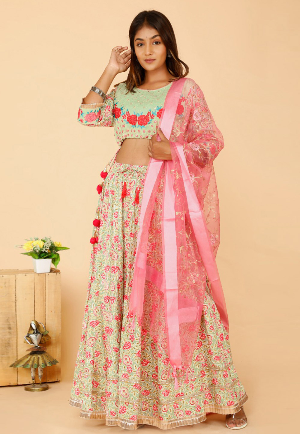 Buy Rajesh Silk Mills Pista Net Pink Lehenga Choli (Set of 3) online