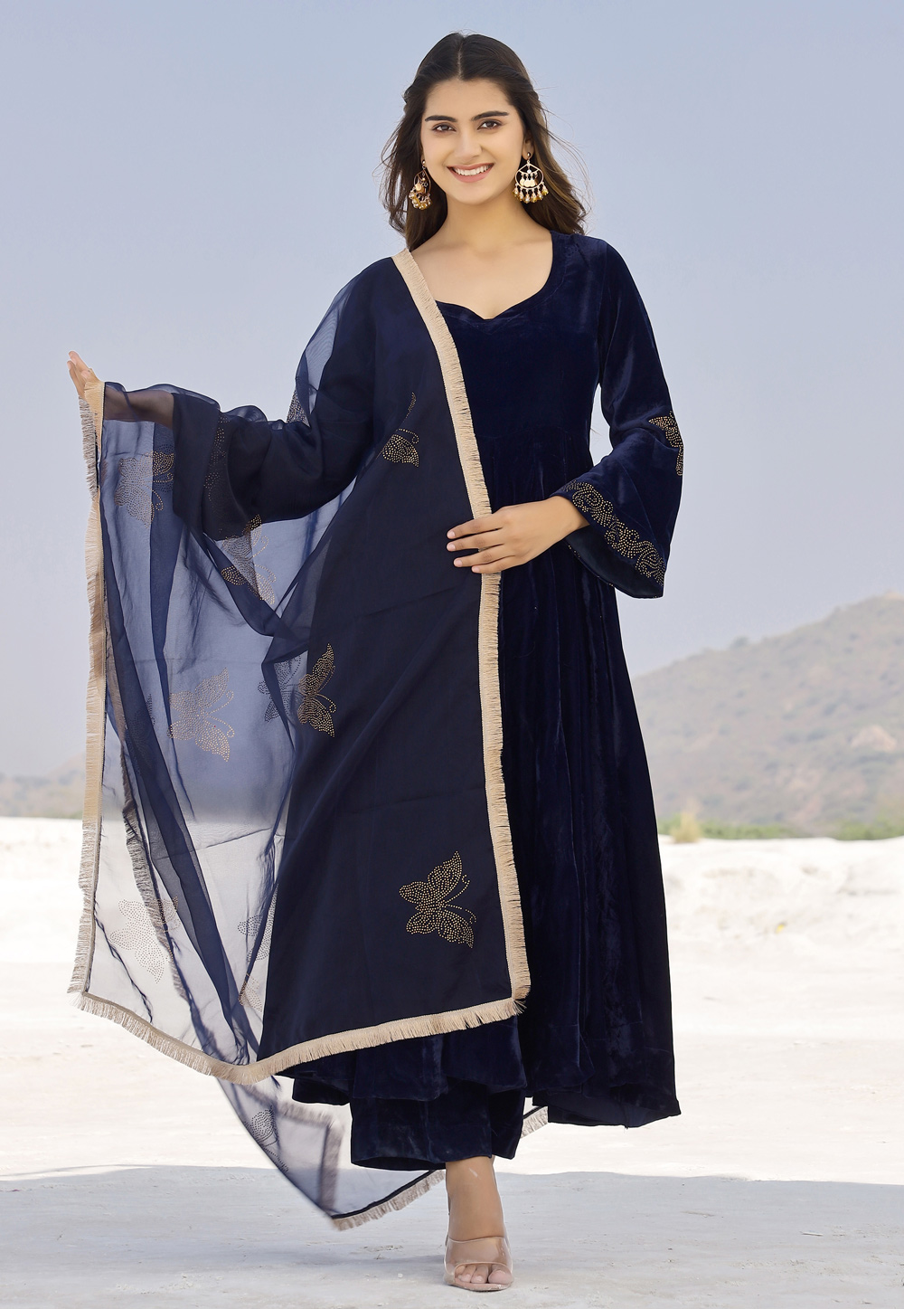Fashionable Work Blue Gown With Dupatta - Clothsvilla
