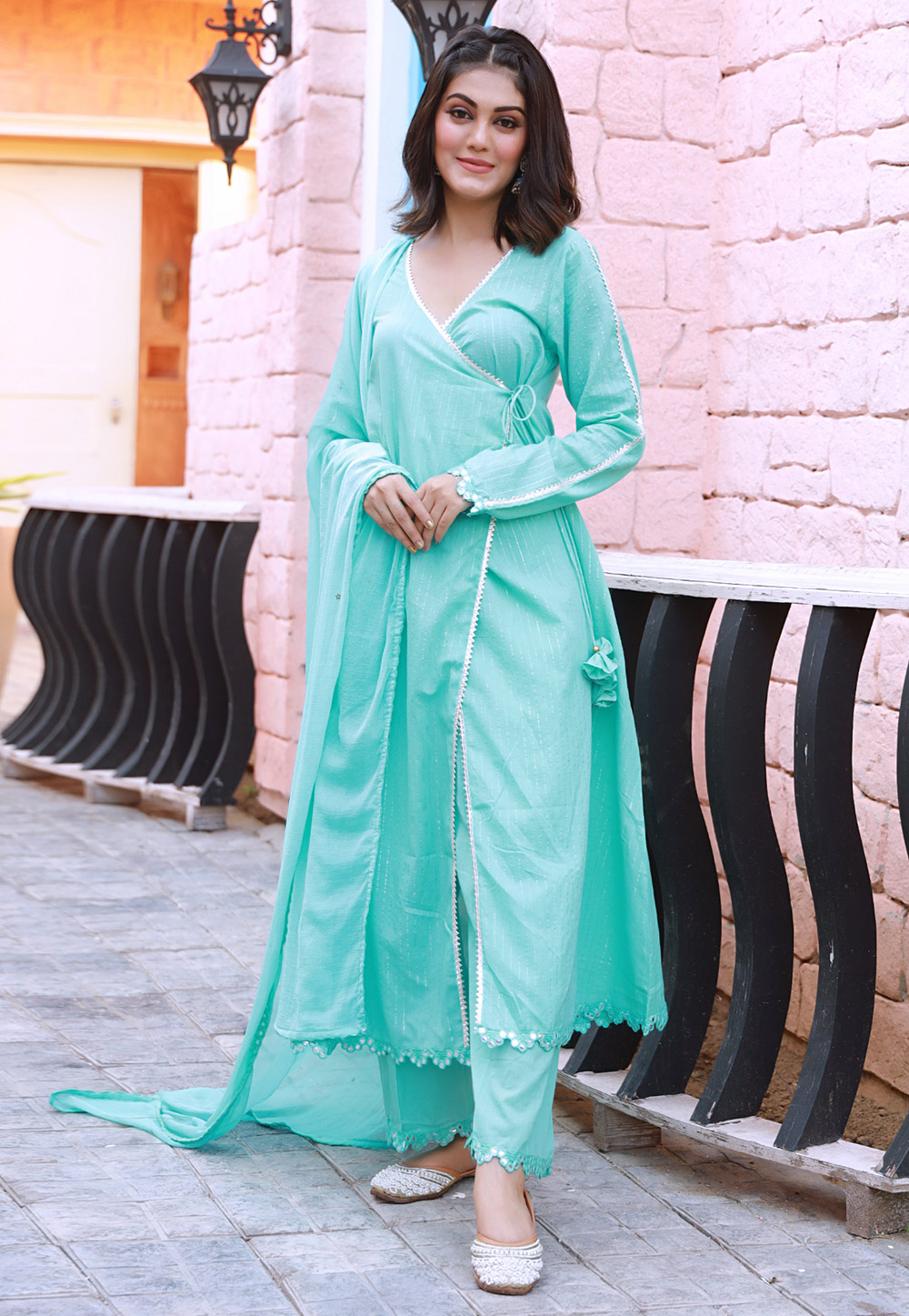 Turquoise Cotton Readymade Pant Style Suit 257185