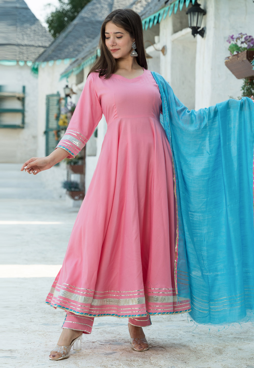 Pink Rayon Readymade Anarkali Suit 259016
