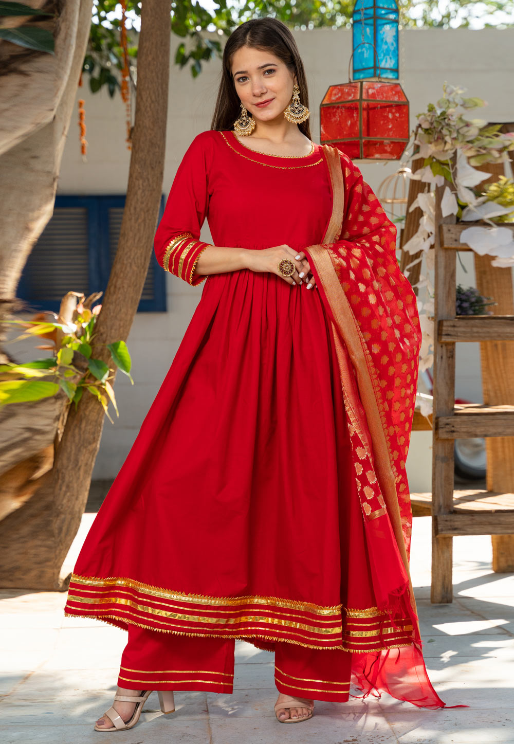 Red Cotton Readymade Anarkali Suit 259021