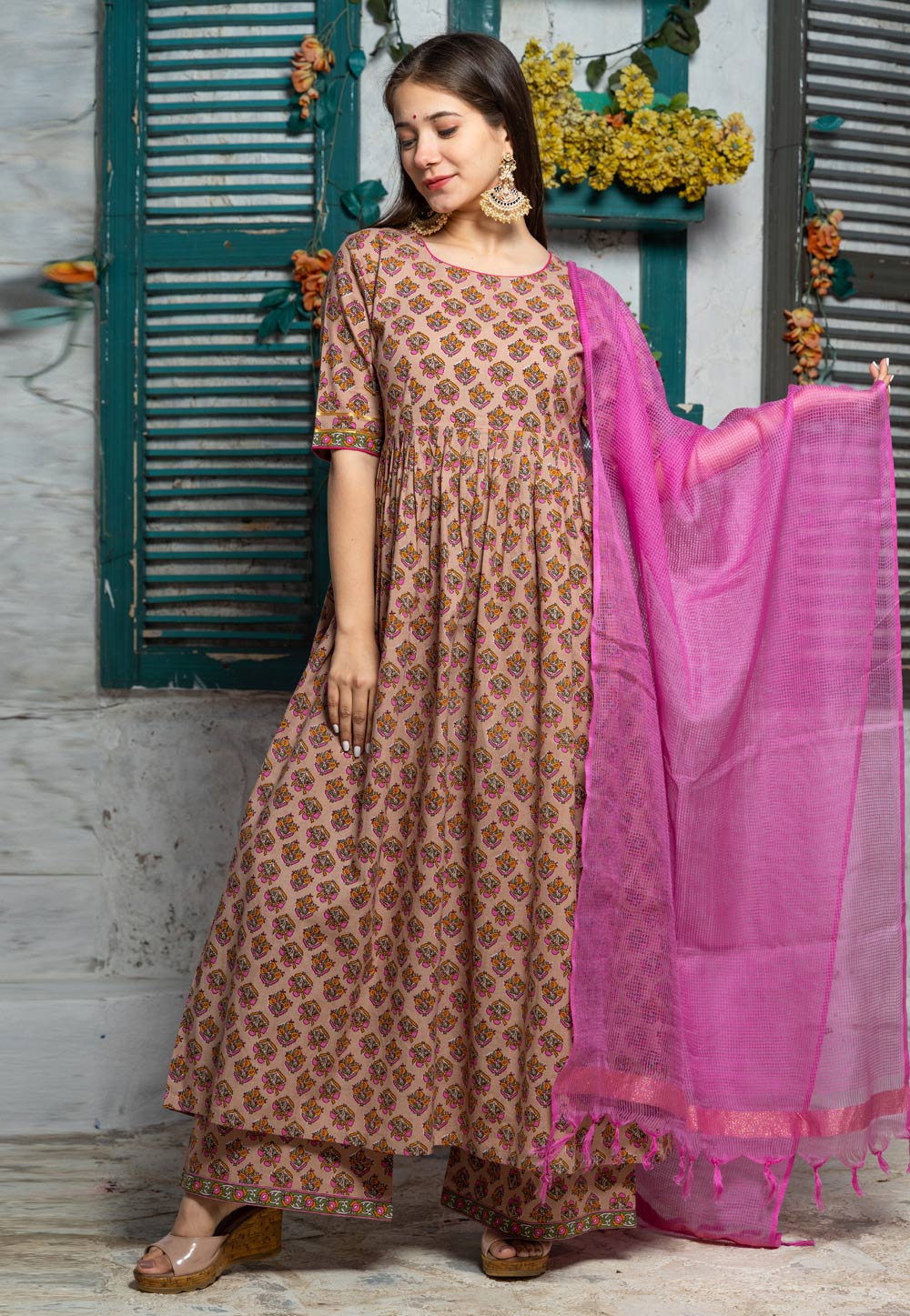 Brown Cotton Readymade Anarkali Suit 259025