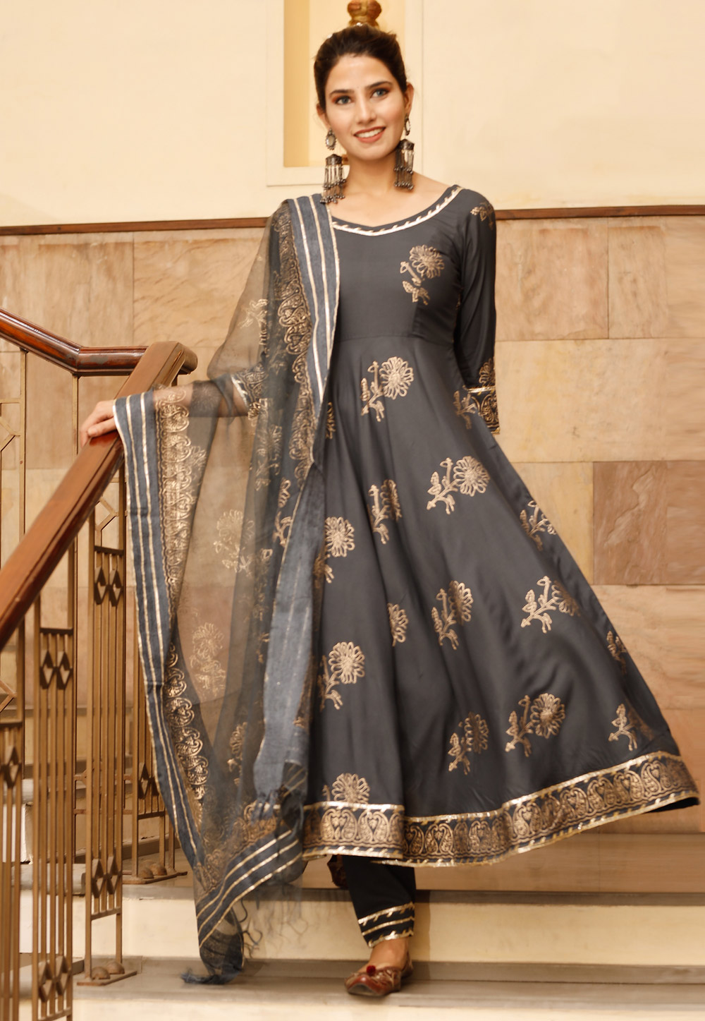 Grey Rayon Readymade Anarkali Suit 259053
