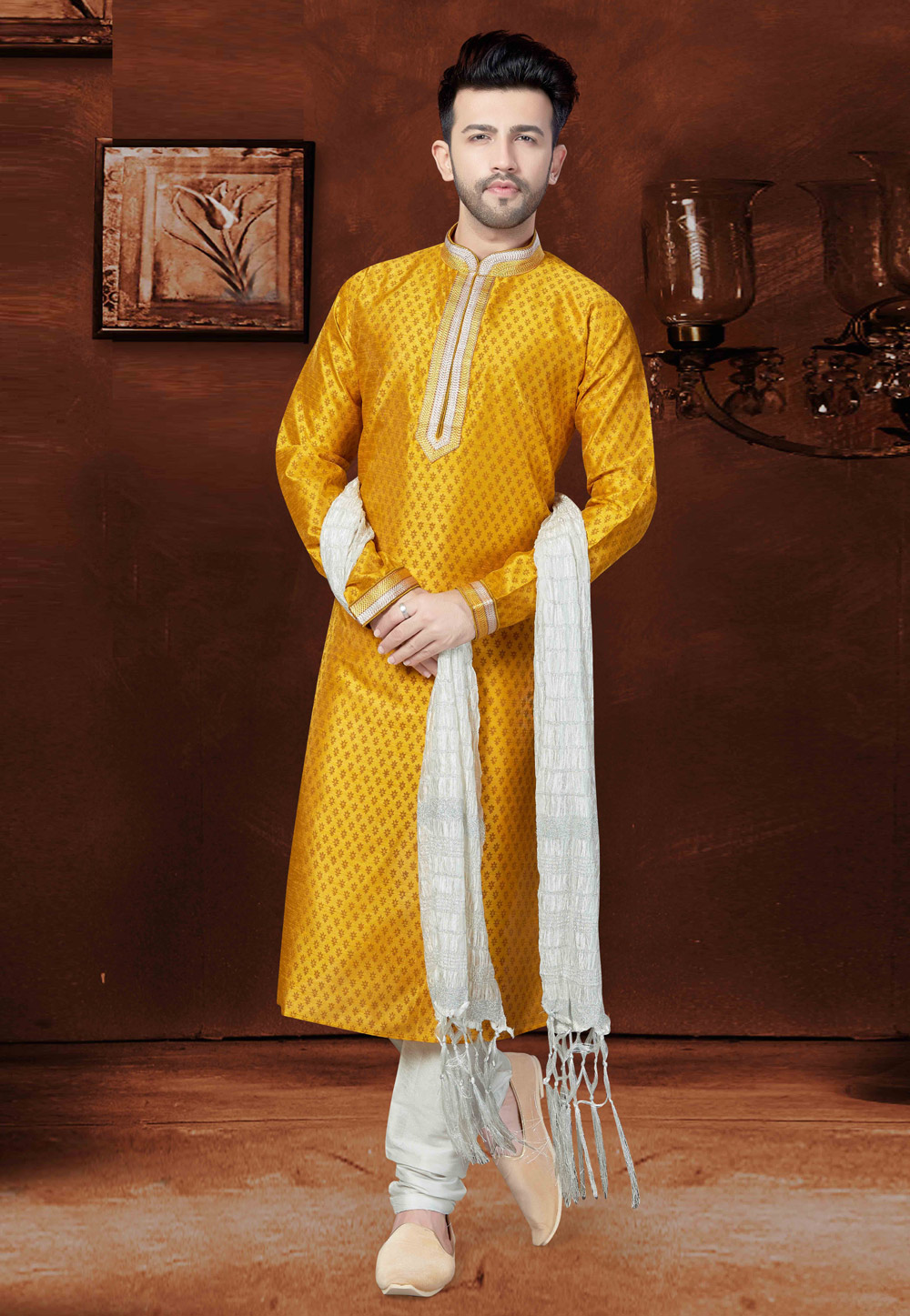 Yellow Banglori Silk Readymade Kurta Pajama 205996