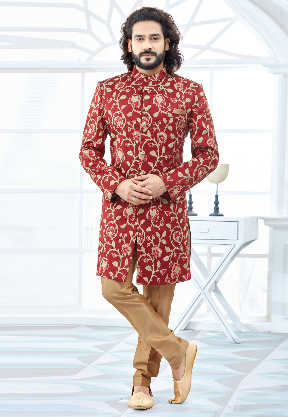 Maroon Banglori Silk Readymade Indo Western Sherwani 206361