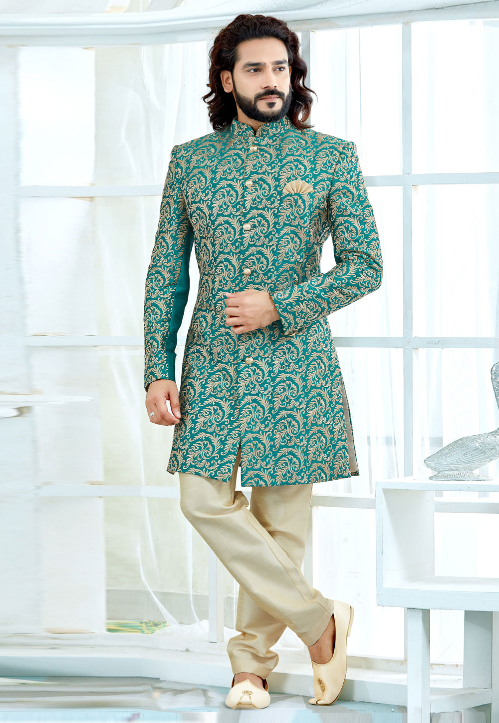 Green Art Silk Readymade Indo Western Sherwani 206375