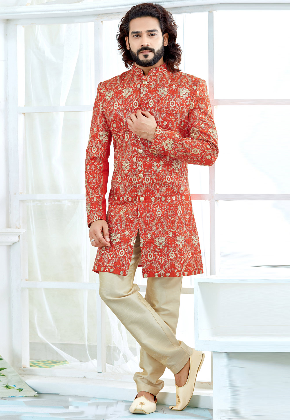 Red Banglori Silk Readymade Indo Western Sherwani 206376