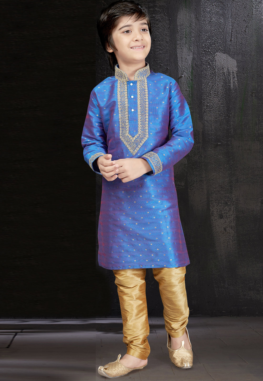 Blue Banarasi Jacquard Readymade Kids Kurta Pajama 206414