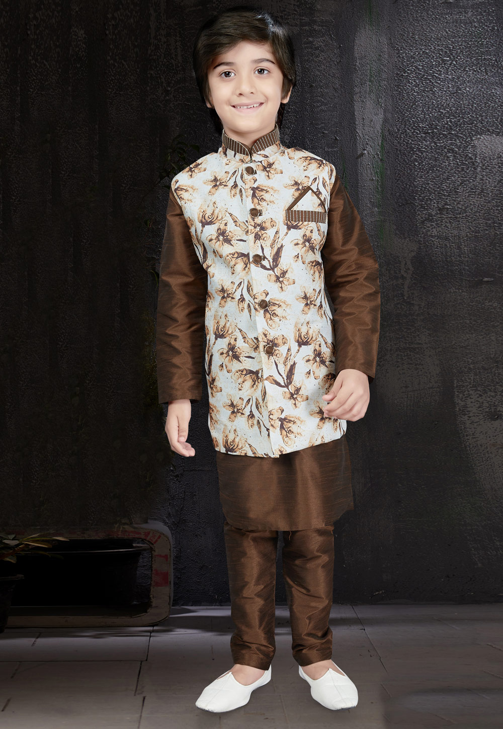Brown Art Dupion Readymade Kids Kurta Pajama With Jacket 206456