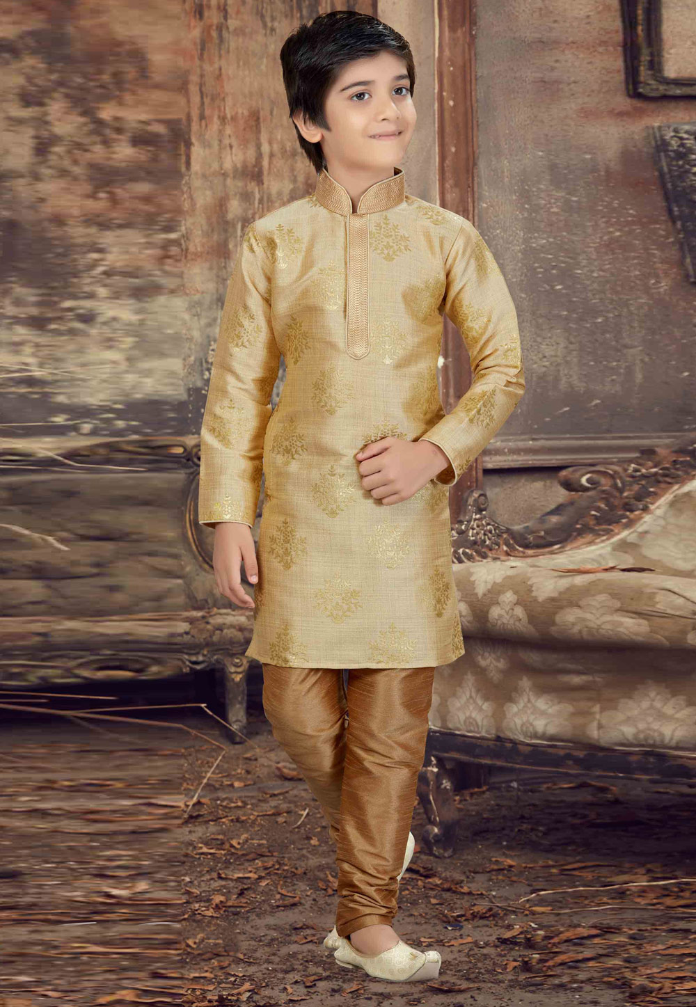 Beige Silk Readymade Kids Kurta Pajama 206474