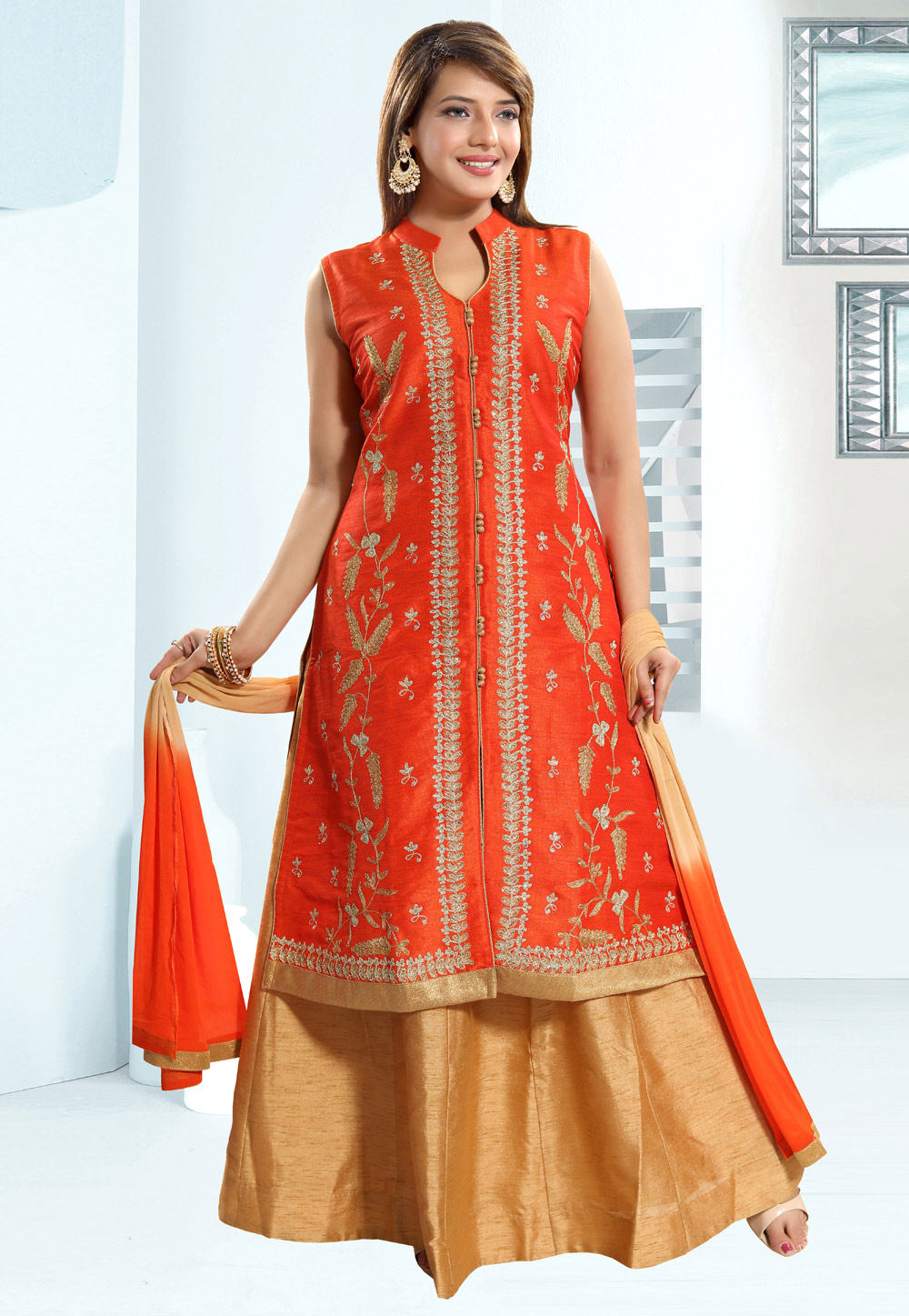 Orange Silk Readymade Indo Western Lehenga Choli 203265