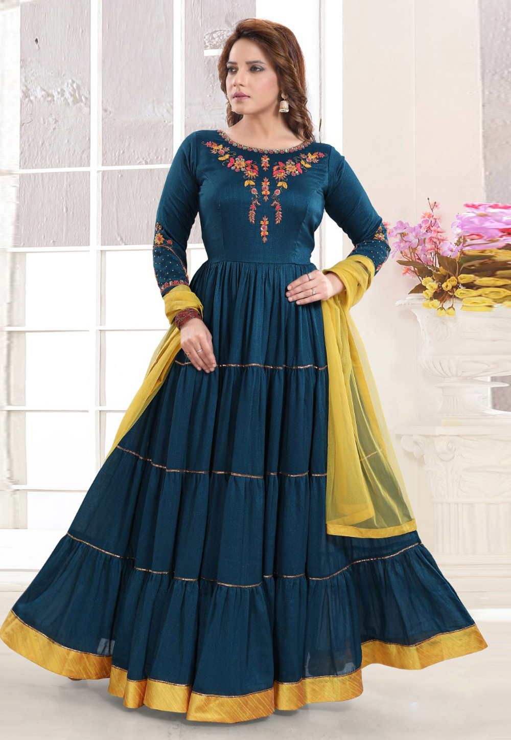 Blue Silk Readymade Abaya Style Anarkali Suit 203275