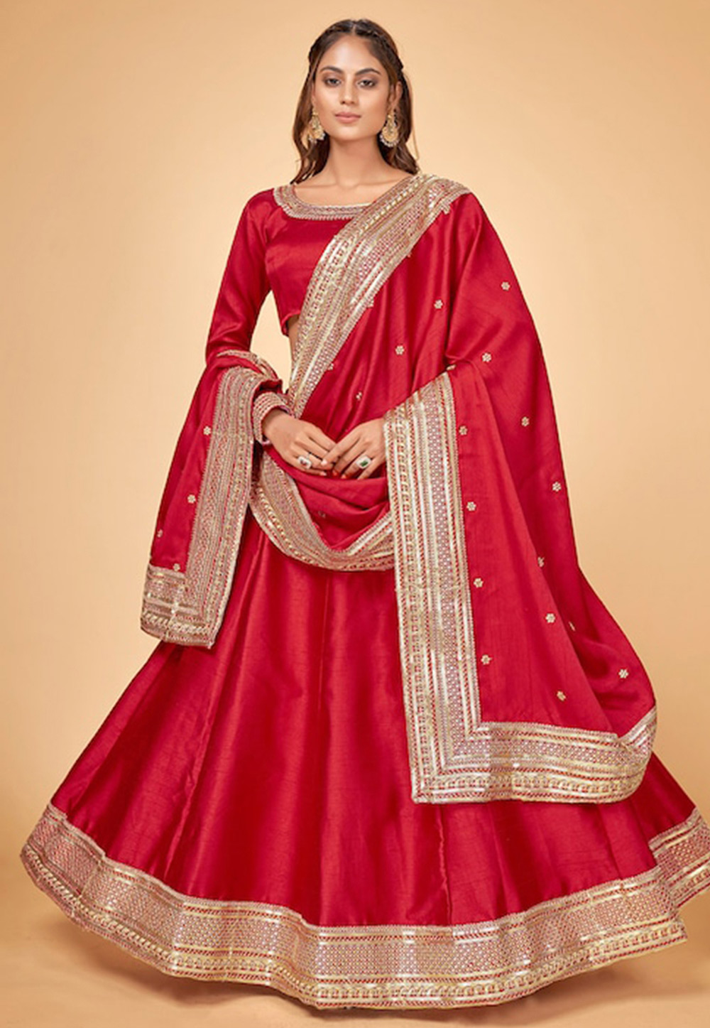 Red Raw Silk Circular Lehenga Choli 261176