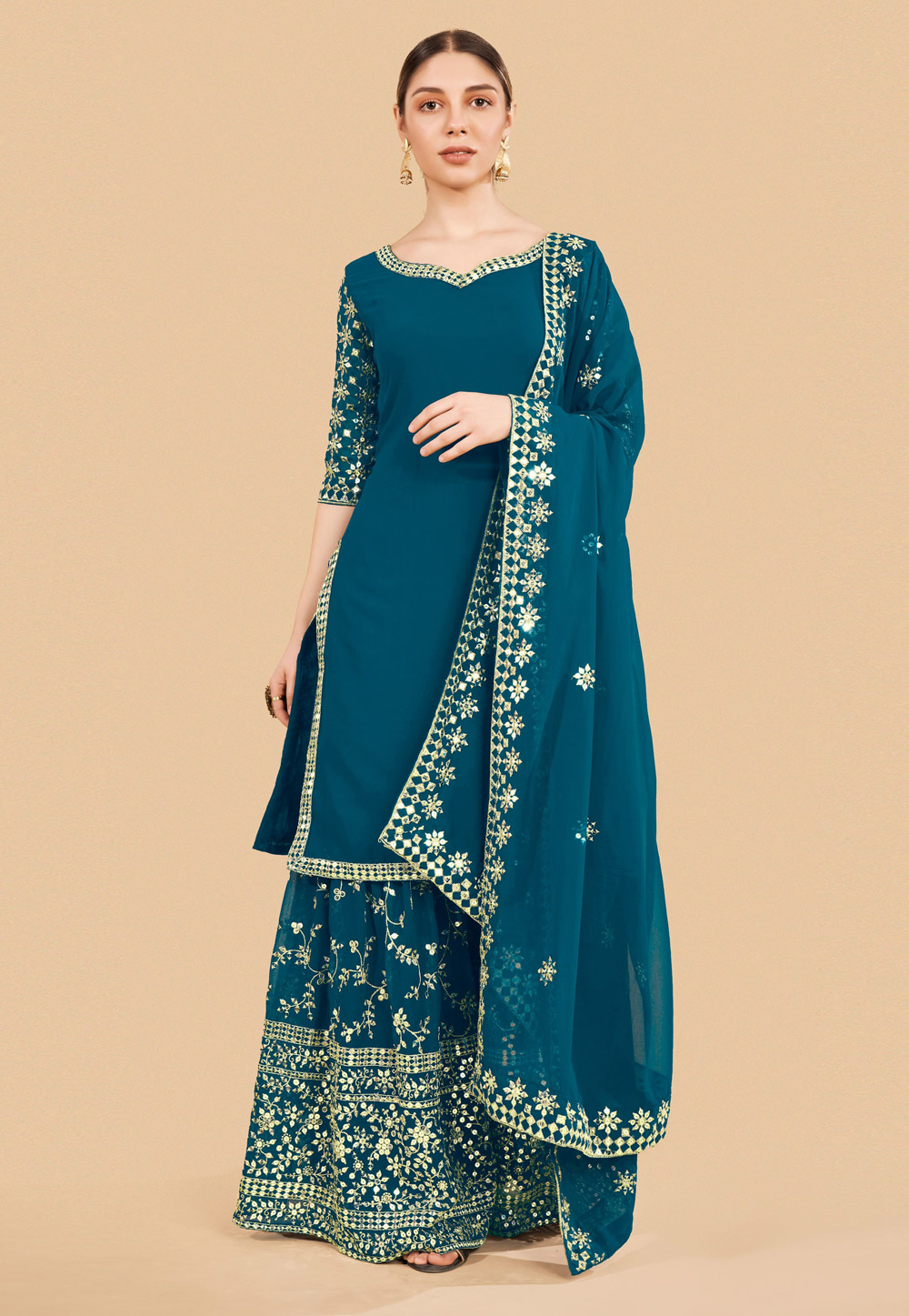 Teal Georgette Readymade Indo Western Lehenga Choli 261177
