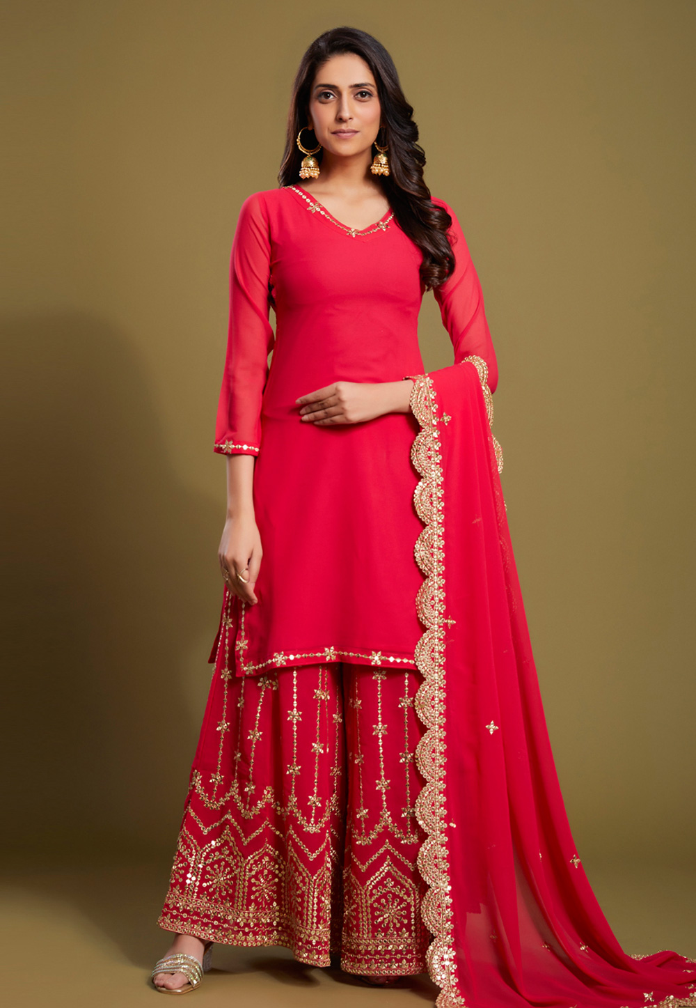Red Georgette Readymade Sharara Suit 264787
