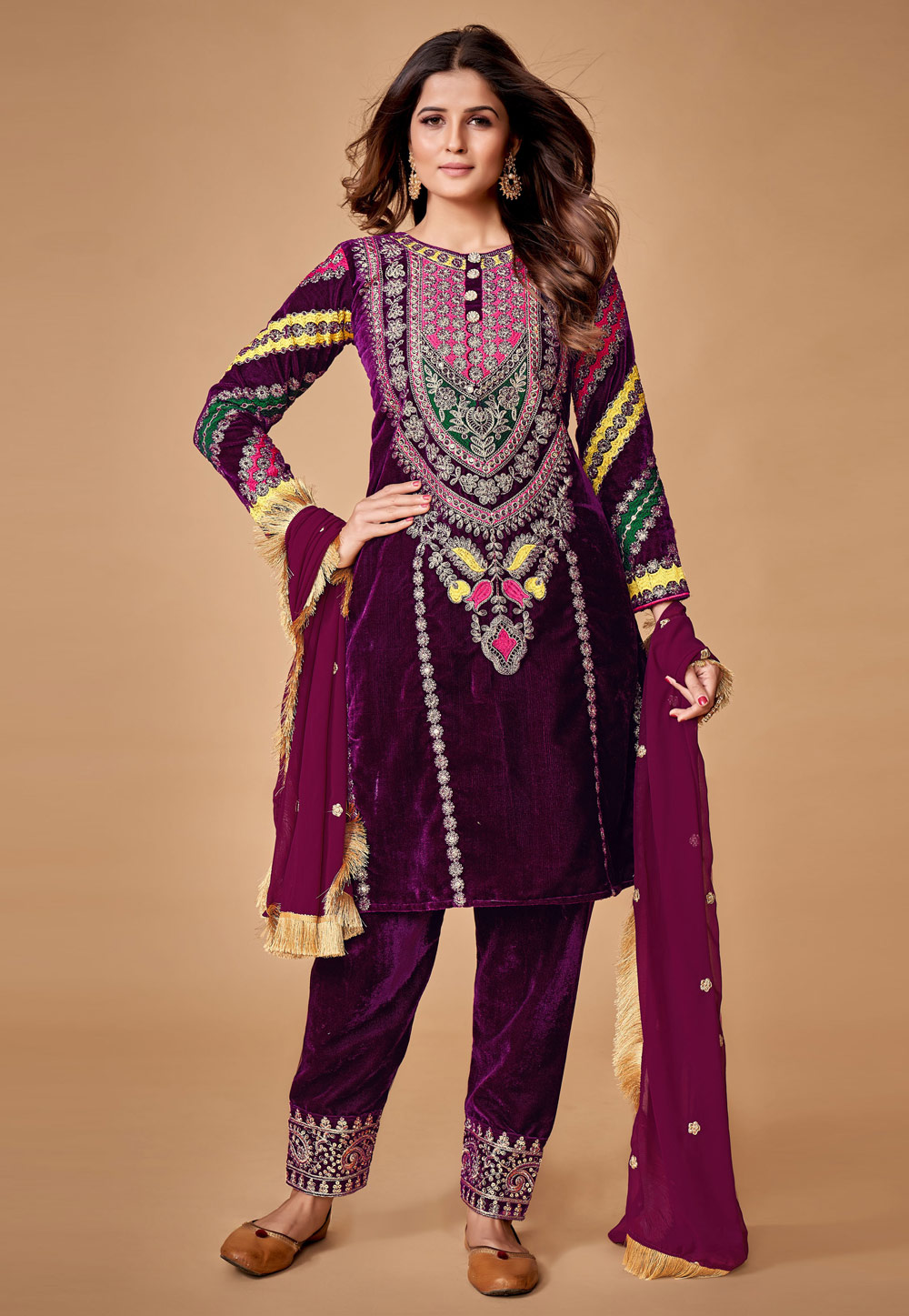 Maroon Velvet Suit with Pakistani Pant – Panache Haute Couture
