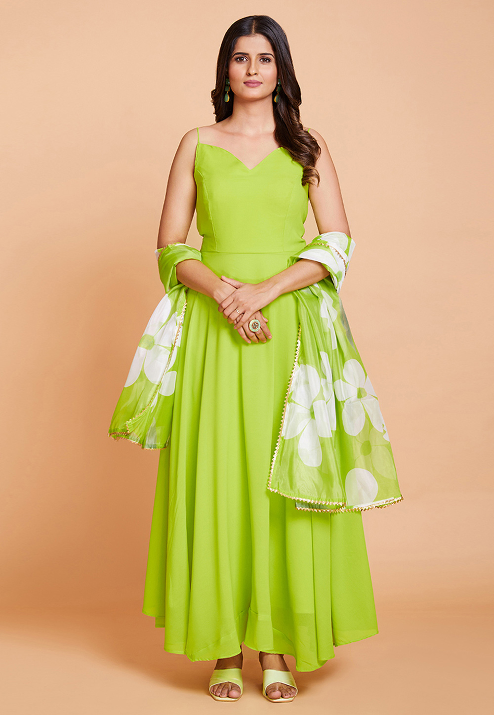 Anarkali Style Green Plain Long Gown
