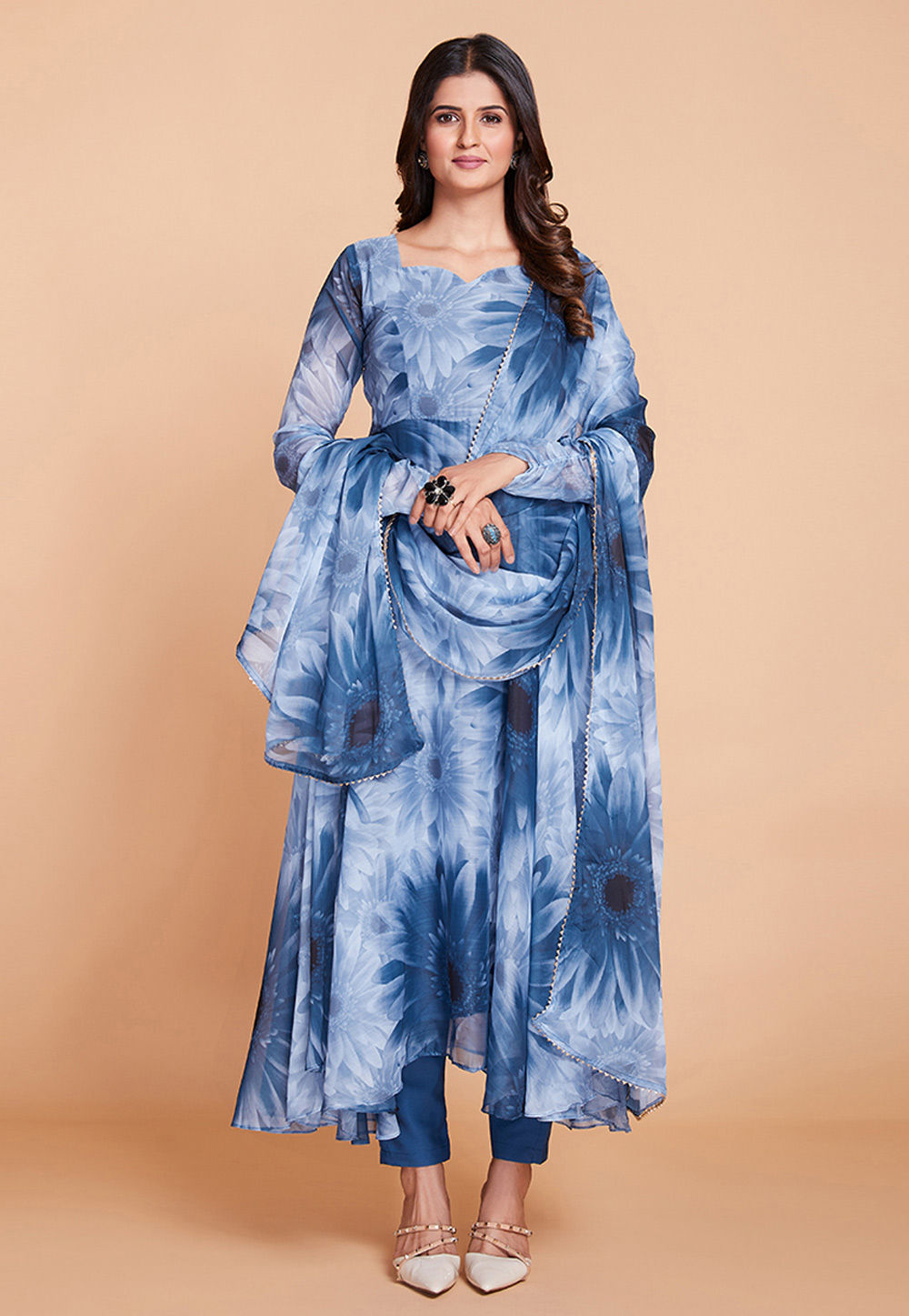 Blue Faux Georgette Readymade Long Anarkali Suit 269671