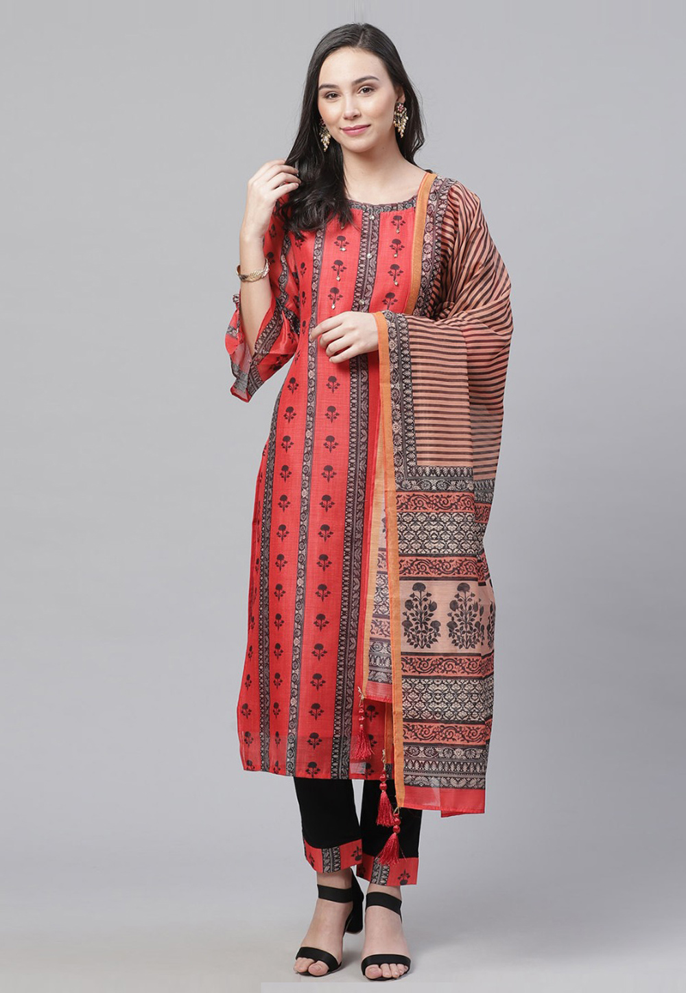 Red Chanderi Kameez With Pant 214085