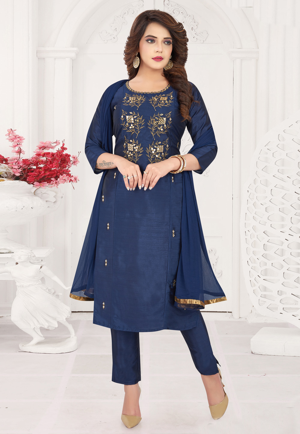 Navy Blue Art Silk Readymade Pant Style Suit 218002