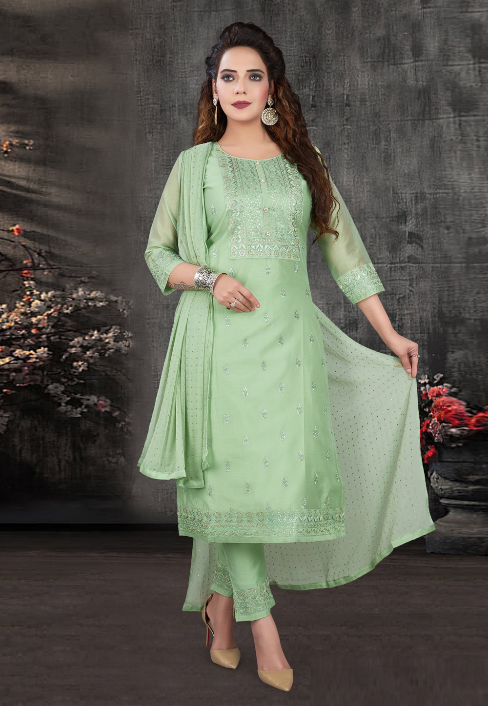 Label Shaurya Sanadhya Salwar Suits and Sets  Buy Label Shaurya Sanadhya  Light Green Chanderi Suit And Pant With Heavy Net Dupatta Set Of 3 Online   Nykaa Fashion