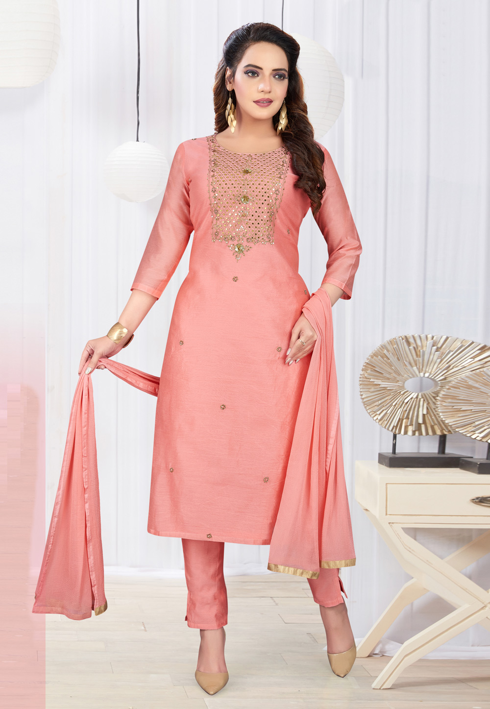 Pink Art Silk Readymade Pant Style Suit 217989
