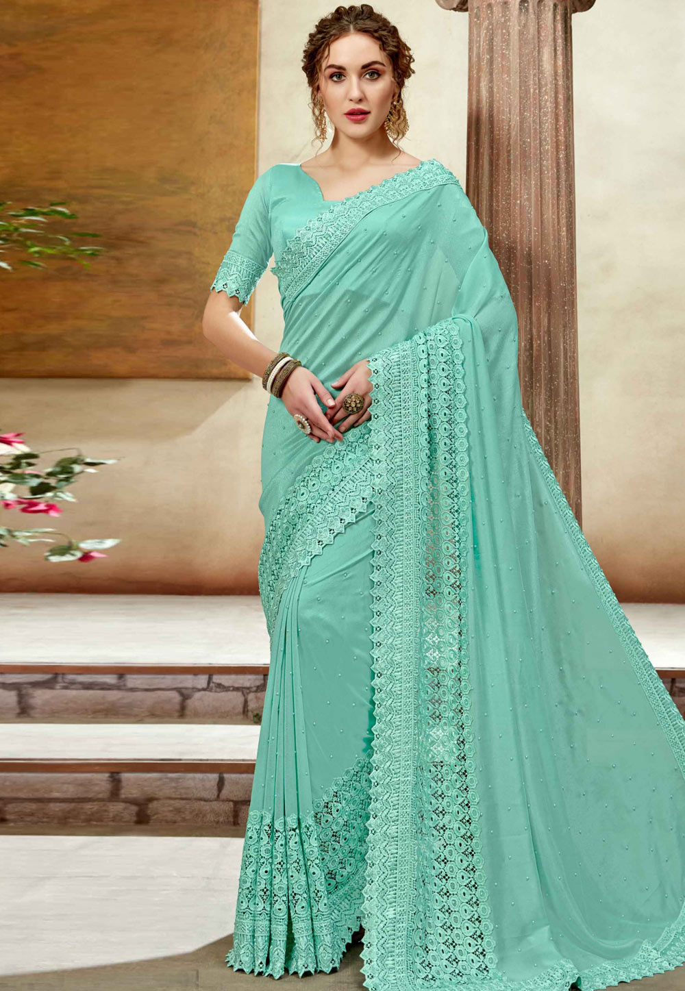 Sea Green Silk Festival Wear Saree 206292