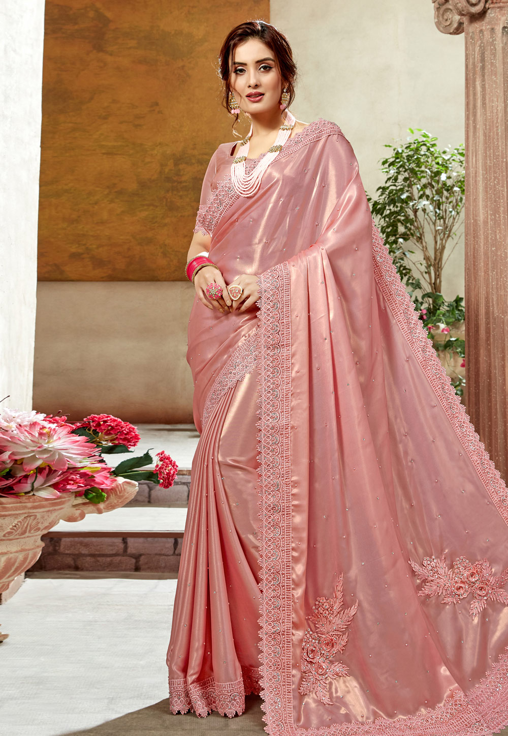Pink Satin Silk Festival Wear Saree 198320