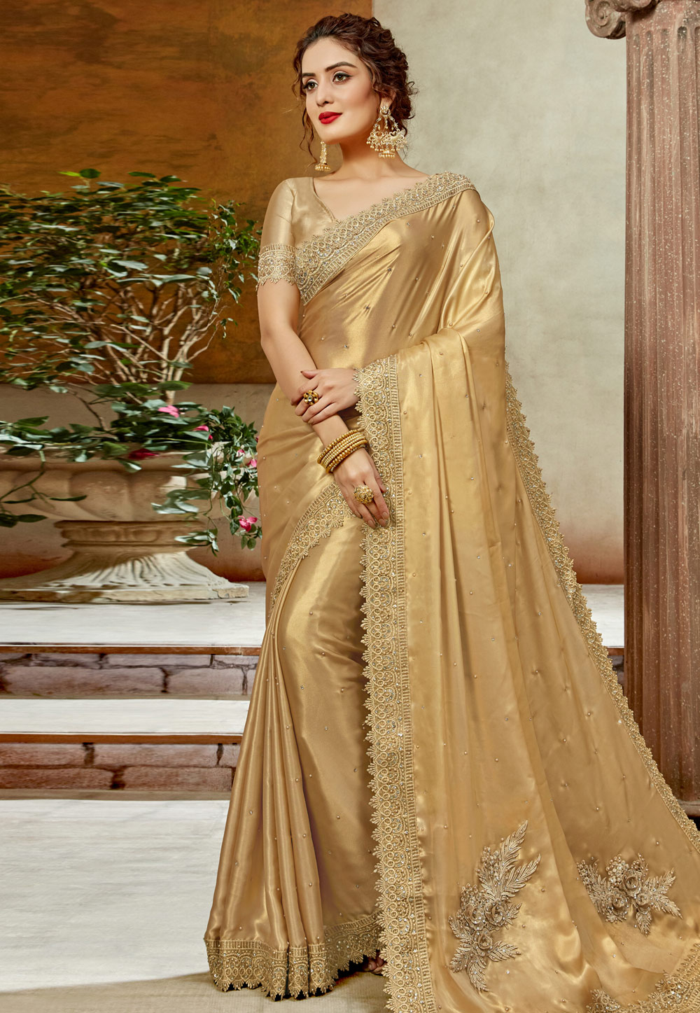 Golden Satin Silk Saree With Blouse 198321