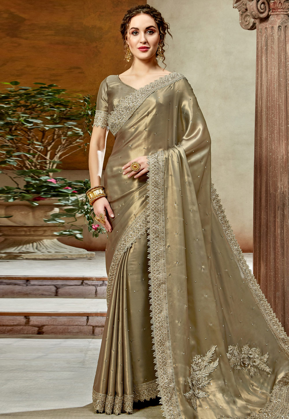 Golden Satin Silk Festival Wear Saree 198322