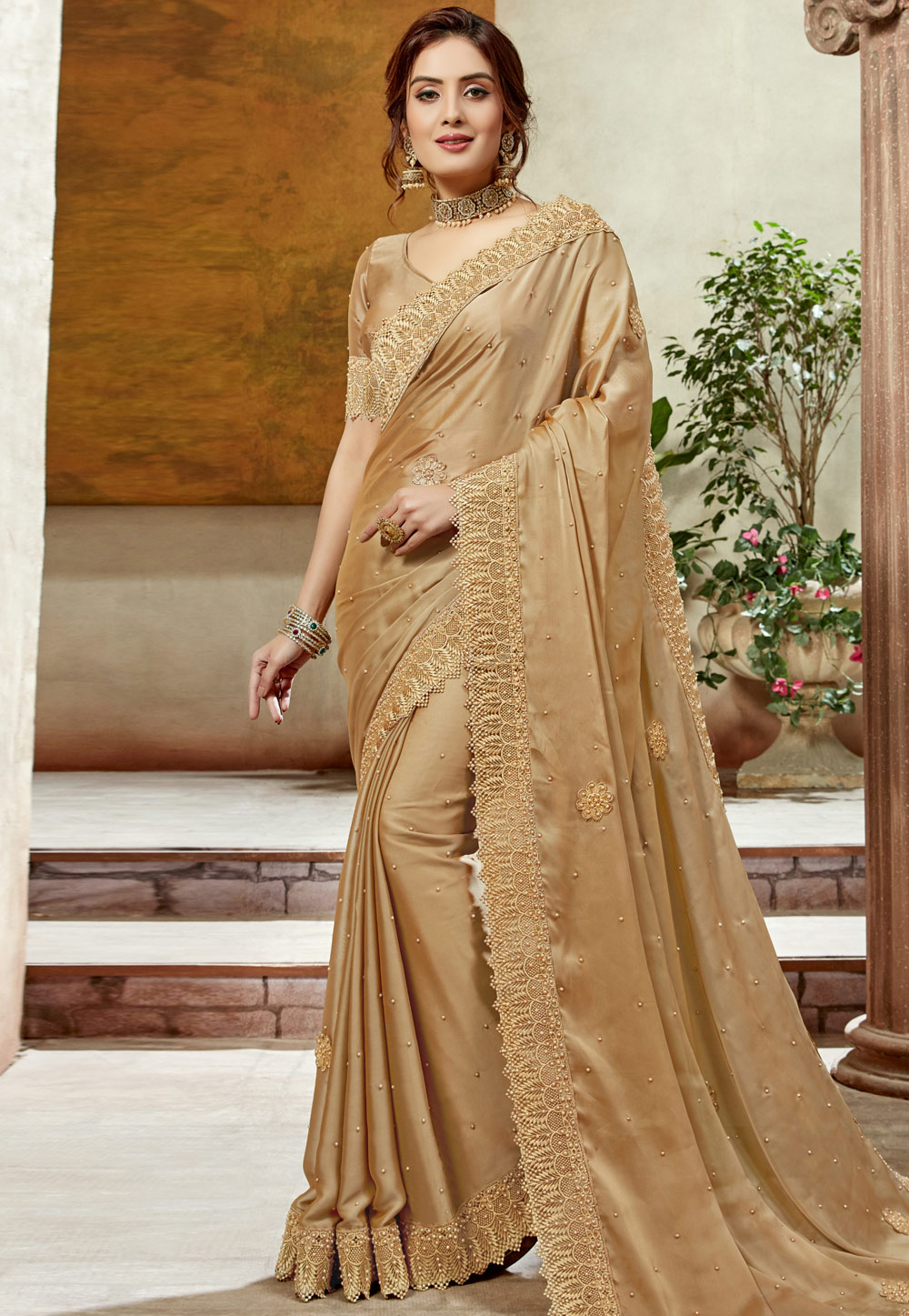 Golden Satin Silk Festival Wear Saree 198326