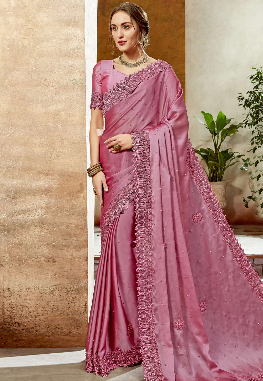 Pink Satin Silk Saree With Blouse 198327