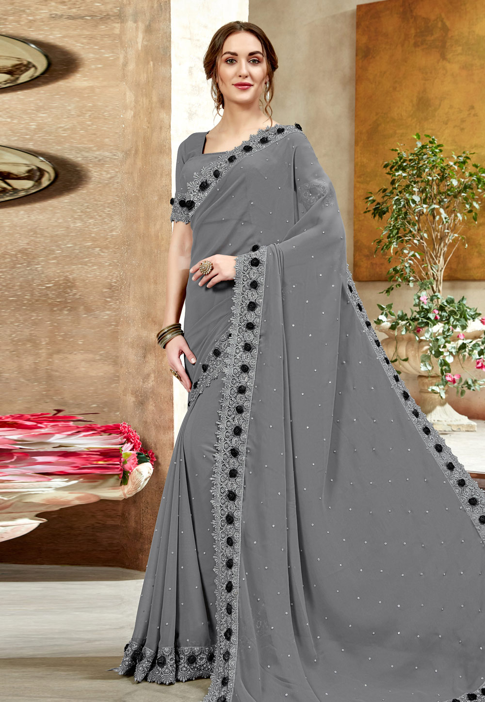 Grey Georgette Saree With Blouse 198329