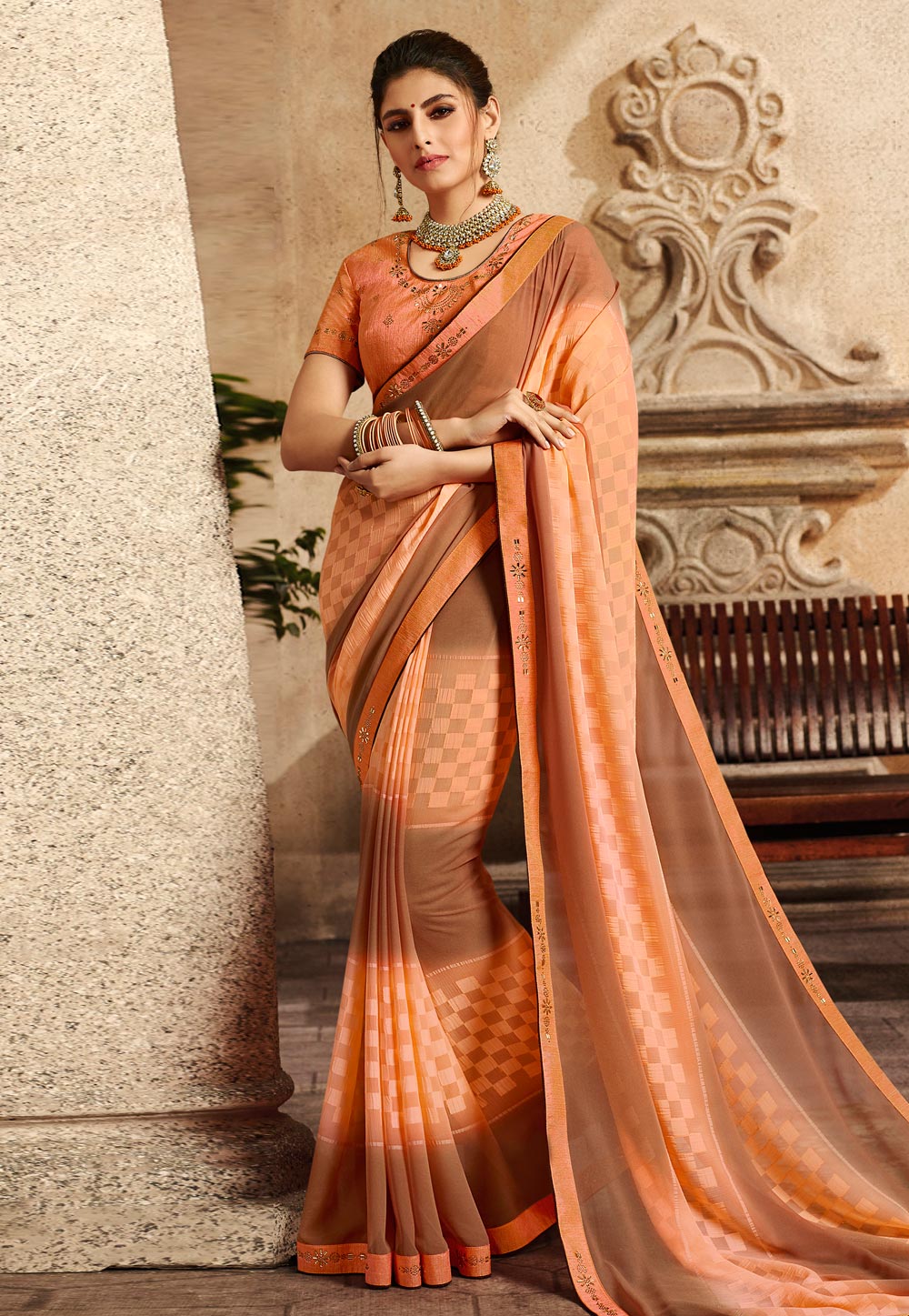 Peach Art Silk Embroidered Saree With Blouse 154955